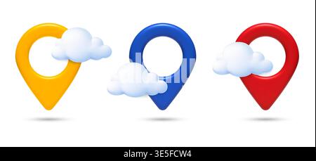 3D Location Pin with Clouds Minimal Icon Stock Vector