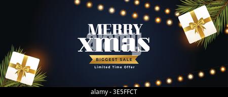 merry christmas biggest sale banner with 3d giftbox and fir branches vector Stock Vector