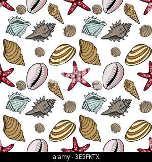 Seamless vector pattern of assorted seashells and starfish illustrations Stock Vector