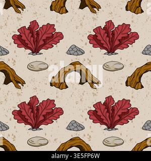 Seamless underwater vector pattern with red seaweed, driftwood arches, and pebbles on a textured sandy background Stock Vector