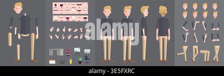 Modern Male Character Construction Kit for Animation Flat Vector Office Worker with Poses, Expressions, and Props Stock Vector