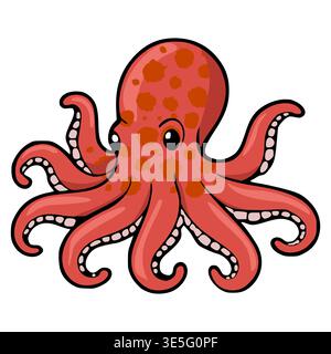 Cute red octopus vector illustration with playful spots and suction cups, isolated on white background. Stock Vector