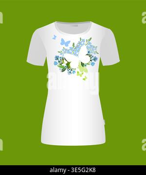 Abstract butterfly and forget-me-nots. print on a T-shirt. Hand drawn. Not AI, vector illustration. Stock Vector