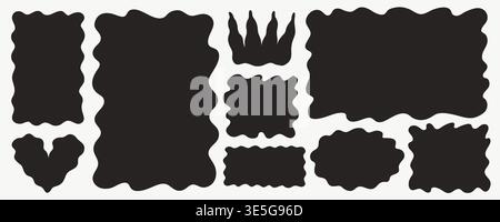Wavy organic shape frame set with square and rectangle silhouettes in bold black. Fluid doodle frames with soft zigzag curves. Great for posters Stock Vector