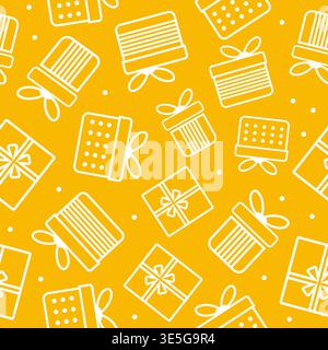 Festive yellow pattern with various simple gift box designs for holiday celebrations Stock Vector