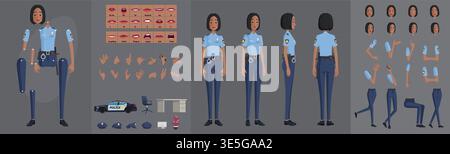 Black Female Police Officer Character Sheet for Animation Vector Law Enforcement Woman with Expressions, Poses, Mouth Shapes, and Props Stock Vector