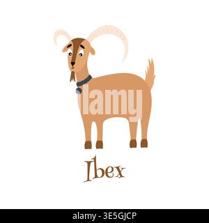 Vector illustration of a cute ibex with big horns. Stock Vector