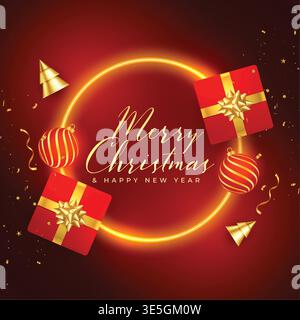 merry christmas neon frame background with 3d elements Stock Vector
