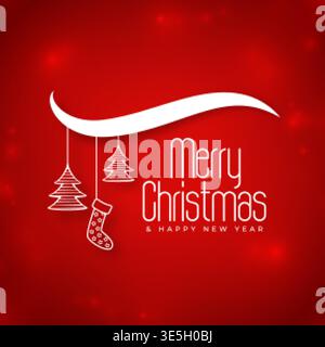 merry christmas flat red greeting with socks and tree design Stock Vector