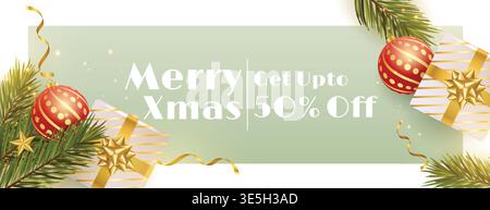 realistic merry christmas sale banner with 3d render elements of gift box and ball Stock Vector