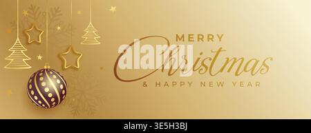 beautiful merry christmas golden banner with hanging decorative elements Stock Vector