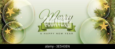realistic christmas decorative banner with glass elements design Stock Vector