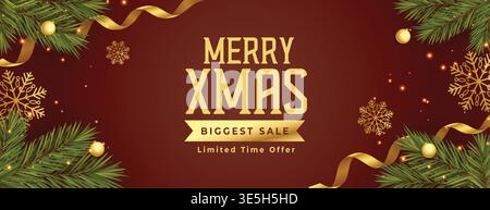 brown christmas sale promotional banner with 3d elements design Stock Vector
