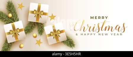 realistic 3d gift box with christmas elements banner Stock Vector