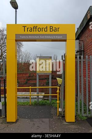 Trafford Bar Manchester Metrolink stop entrance sign, Old Trafford, Greater Manchester, England, UK. Stock Photo