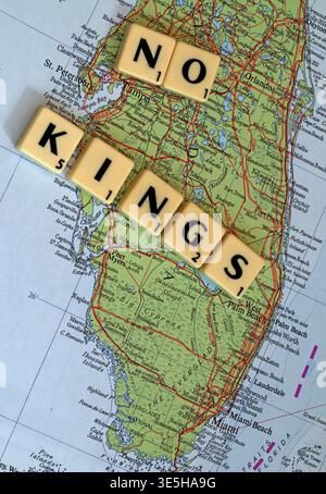#NoKings No Kings on map spelt out in Scrabble letters - USA Florida Miami Stock Photo