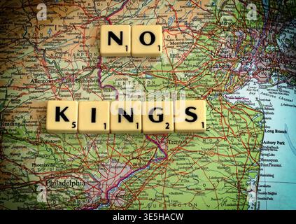 #NoKings No Kings on map spelt out in Scrabble letters - USA New York Philadelphia Stock Photo