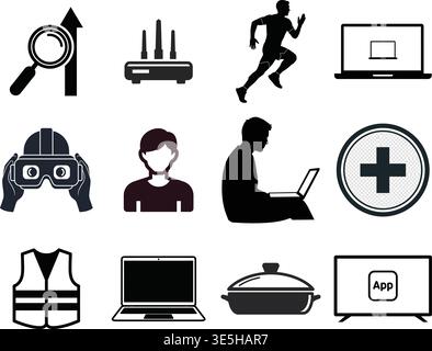 Set of Black Icons Representing Technology, Health, and Professional Tools Stock Vector