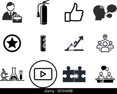 Set of Black Icons Depicting Business, Communication, and Technology Elements Stock Vector