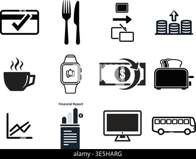 Collection of Icons Depicting Finance, Technology, and Daily Life Elements Stock Vector