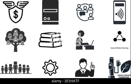 lack Icons Set Representing Technology, Communication, and Finance Stock Vector
