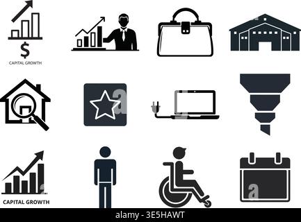 Set of Black Icons Depicting Business, Family, and Technology Stock Vector