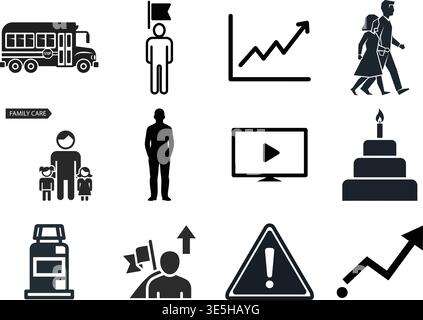 Collection of Black Icons Representing Family Care, Growth, and Communication Stock Vector