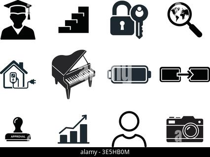 Collection of Black Icons Representing Various Concepts Stock Vector