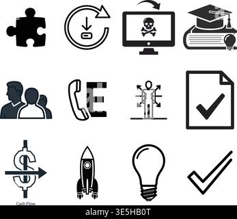 Set of Black Icons Depicting Business, Communication, and Growth Stock Vector