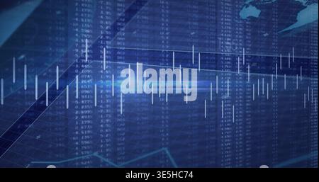 Displaying candlestick bars and blue line graph on digital financial dashboard with numeric tickers Stock Photo