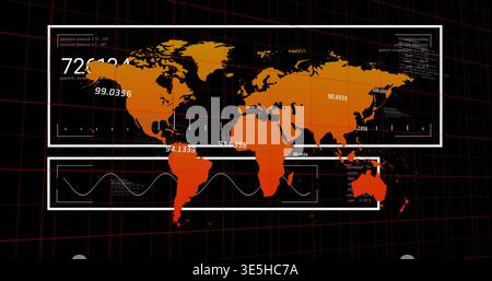 Displaying world map on dark dashboard, with orange continents, red grid, white HUD panels Stock Photo