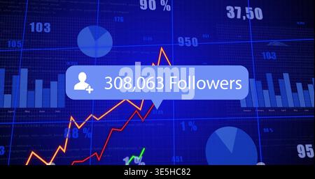 Displaying follower bubble with user-plus icon showing 308,063 Followers on screen with line charts Stock Photo