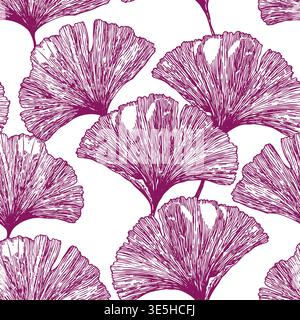 Seamless floral pattern with ginkgo biloba leaves. Art flowers on color background. Decorative sceleton leaf. Vector hand drawn illustration. Minimal Stock Vector
