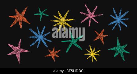 Crayon abstract stars drawing. Doodle chalk color star symbol set. Hand drawn childish pastel design element. Crayon texture shine. Pencil sketch Stock Vector