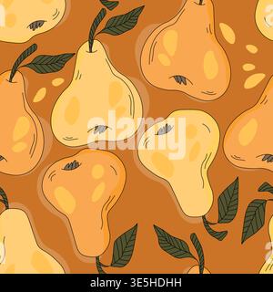 Seamless pattern with pear on color background. Natural delicious fresh ripe tasty fruit. Sweet pears with leaves. Food concept. Vector illustration Stock Vector