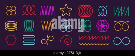 Neon spring coil shapes set. Curve line collection. Zigzag wave lines. Abstract flexible coil, loop line, thin spiral. Modern design element. Vector Stock Vector