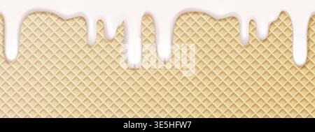 Ice cream waffle and wafer cone texture. White melt gelato on diamond shape 3d cookie pattern. Milk drip on diagonal biscuit vector poster. Vanilla Stock Vector