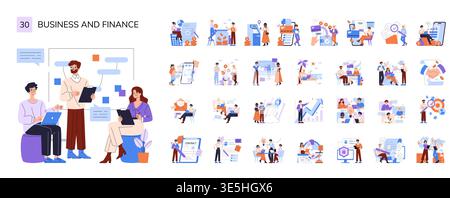 Vector illustration depicting a business meeting with three diverse individuals discussing strategy. Includes various financial and business-related icons. Ideal for business and finance themes. Stock Vector