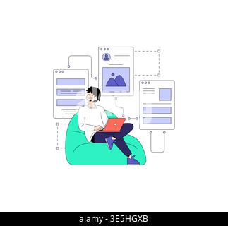 Young man sitting on a bean bag using a laptop, surrounded by digital interface elements. This vector illustration highlights remote work and modern technology in a relaxed setting. Stock Vector