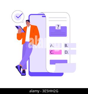 Vector illustration of a person interacting with a smartphone, completing a quiz. The user is engaged with multiple-choice options displayed on the screen, highlighting digital education. Stock Vector