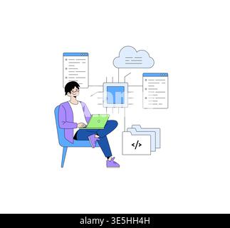 Vector illustration of a person sitting with a laptop, interacting with a cloud-based interface and data flow. Concept focuses on modern technology and data management. Stock Vector