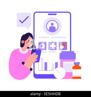 Vector illustration of a woman using a smartphone to access a health app with medical icons and pills visible. The app interface shows user-friendly design elements. Stock Vector