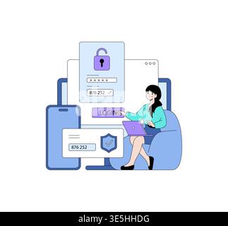 Woman interacting with a secure login interface on a laptop, showcasing the concept of two-factor authentication with a smartphone and verification code. Modern security technology vector. Stock Vector