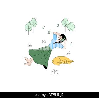 Vector illustration of a woman enjoying music while relaxing on grass with a sleeping dog beside her, surrounded by nature elements like trees and musical notes. Stock Vector