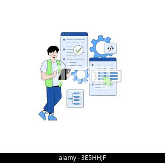 Developer analyzing code on a tablet, surrounded by symbols of coding and software development processes. The vector illustration emphasizes technology and digital analysis. Stock Vector