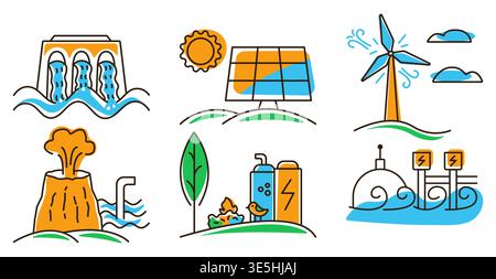 Renewable energy color icon set, bright colorful signs. Hydropower, solar energy, wind power, geothermal energy, bioenergy, tidal and wave power. Net Stock Vector