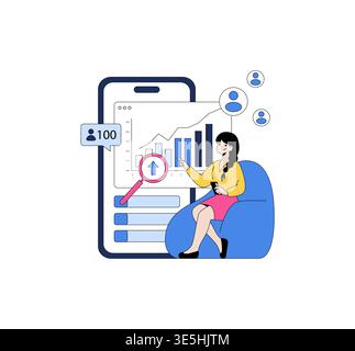 Vector illustration of a woman analyzing a growth chart on a mobile phone. She interacts with the data insights, highlighting social media progress and engagement statistics. Stock Vector