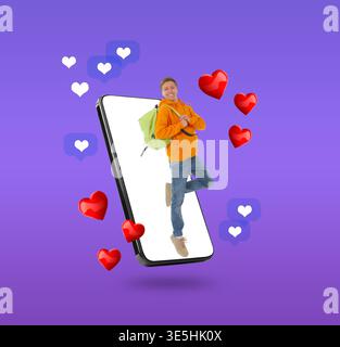 Blogger surrounded by hearts on color gradient background. Young man with backpack jumping out of mobile phone screen Stock Photo