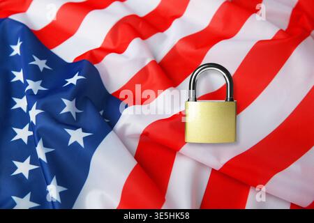 Visa application. Flag of USA and paddle lock Stock Photo
