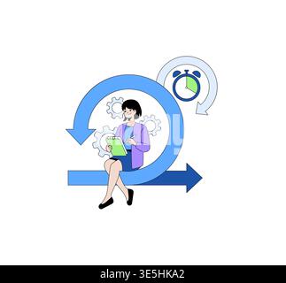 Vector illustration of a woman actively planning an agile sprint. She holds a notebook, surrounded by gears and arrows symbolizing development processes and time management. Stock Vector